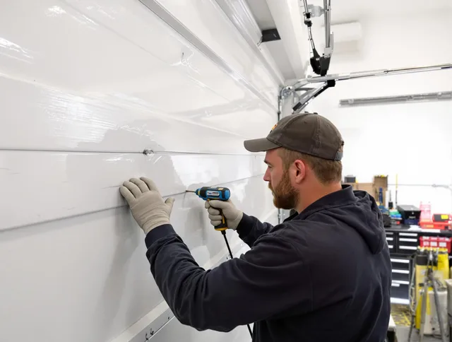 Warrensville Heights Garage Door Repair technician demonstrating precision dent removal techniques on a Warrensville Heights garage door