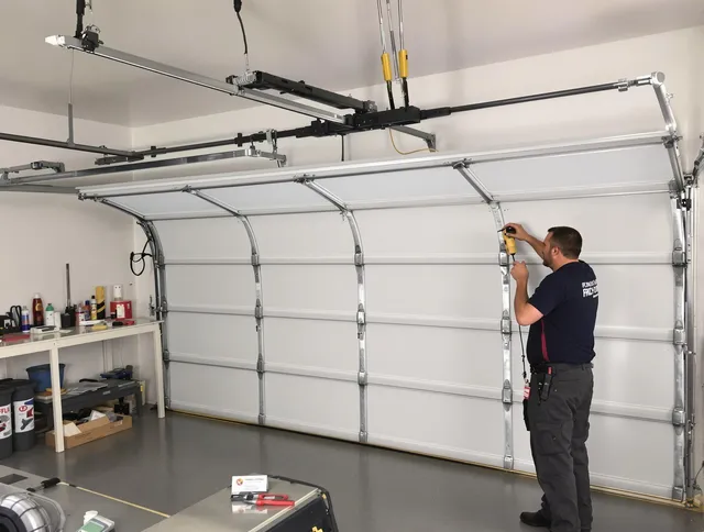Warrensville Heights Garage Door Repair certified technician performing overhead door system repair in Warrensville Heights