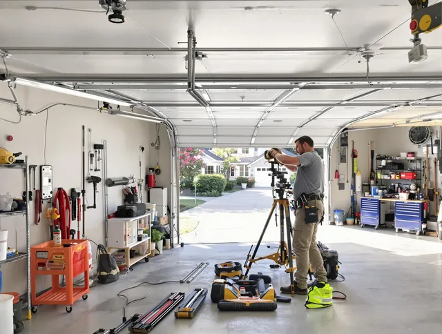 Warrensville Heights Garage Door Repair specialist performing laser-guided track alignment in Warrensville Heights